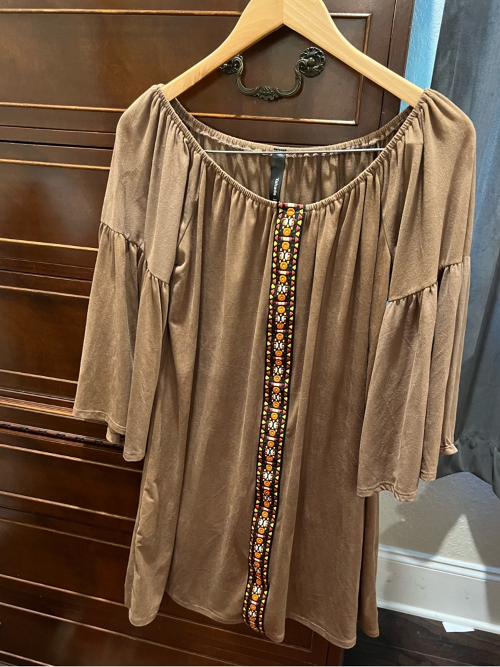 Yahada Brown Dress with Multicolor Embroidered Trim